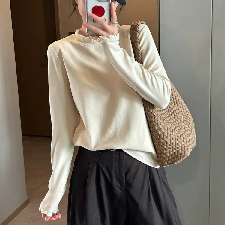 「澳绒双面 花边拼接」加厚保暖内搭打底衫 冬季韩版百搭圆领Z530