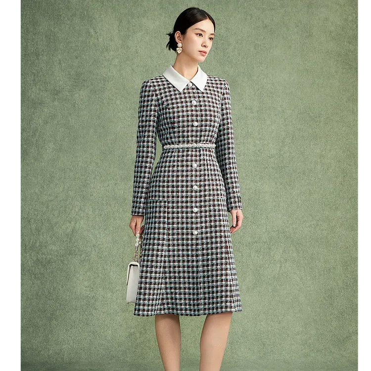 新款粗花呢复古鱼尾连衣裙优雅气质收腰长裙-MJFD02WOP307N61