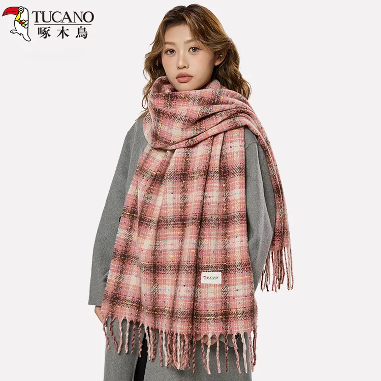 啄木鳥围巾女冬季2025新款秋冬女士保暖韩系学生氛围感显白色格纹