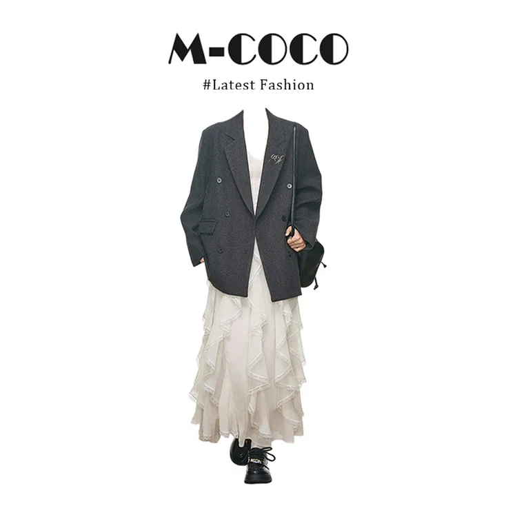 MARIE.COCO灰色刺绣西装毛呢外套秋季蕾丝荷叶边吊带连衣裙两件套