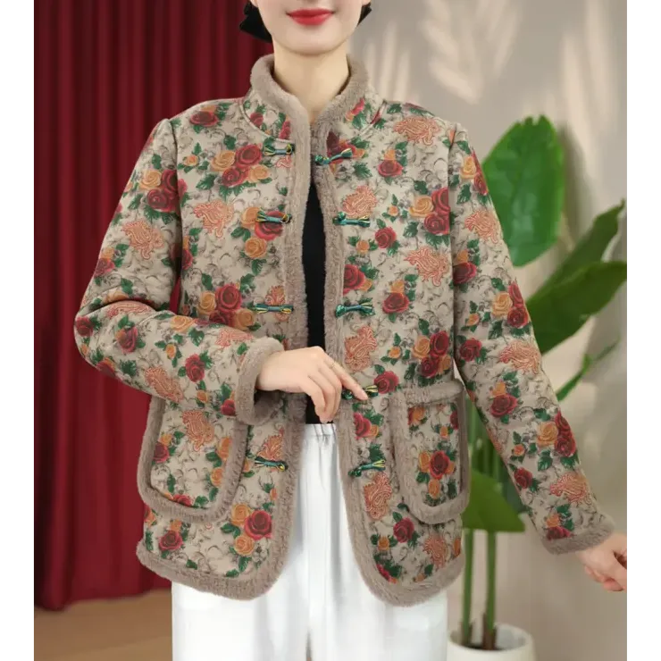 2025秋冬新款加绒加厚带毛边棉衣妈妈装上衣盘扣外套山茶花
