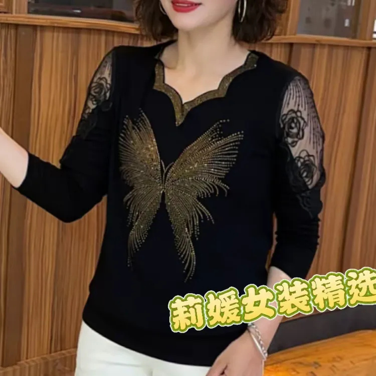 秋季新款时尚百搭蕾丝烫钻洋气长袖打底衫显瘦气质小衫妈妈装上衣