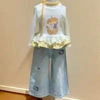 女童秋季套装超萌上衣裤子女童秋装洋气花边打底衫牛仔裤韩系穿搭