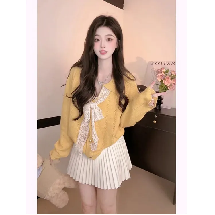  设计感气质系带蝴蝶结V领混纺毛衣开衫洋气减龄针织衫1305-2