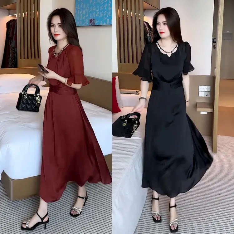 时尚显瘦连衣裙女2025夏季新款洋气收腰显瘦气质减龄中长款裙子潮