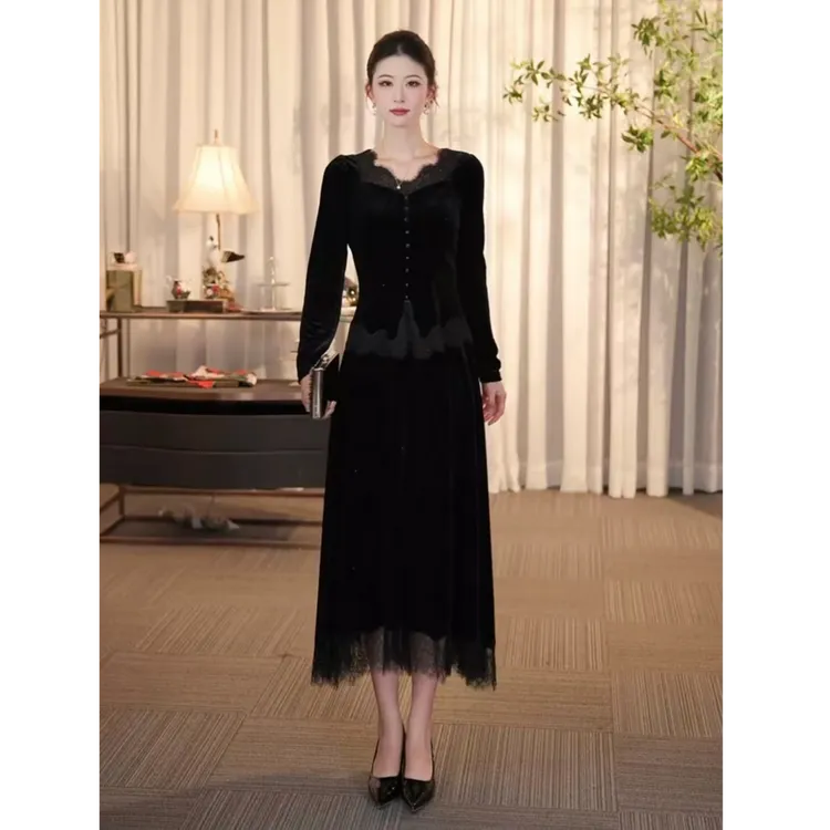 SUSSI/古色“美人鱼女王”冬季法式浪漫宫廷黑色金丝绒优雅连衣裙女