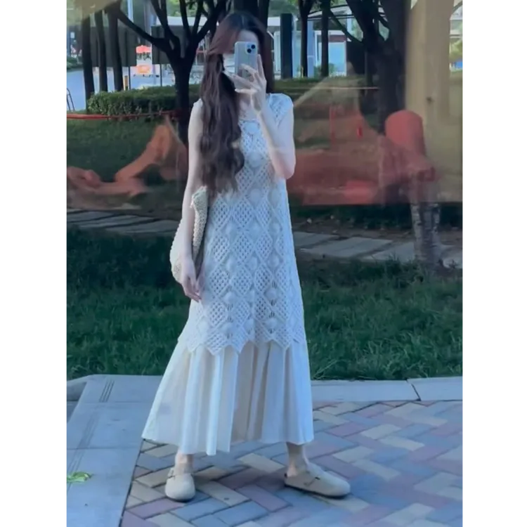 米白色漂亮超好看的小个子连衣裙女夏2025新款镂空罩衫半身裙套装