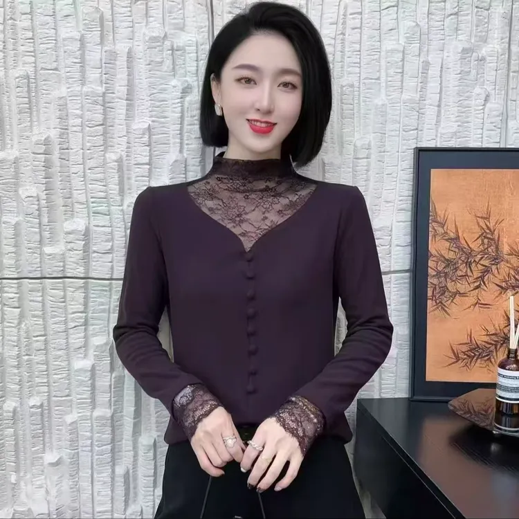 2025新品气质蕾丝拼接洋气时尚长袖修身显瘦9019