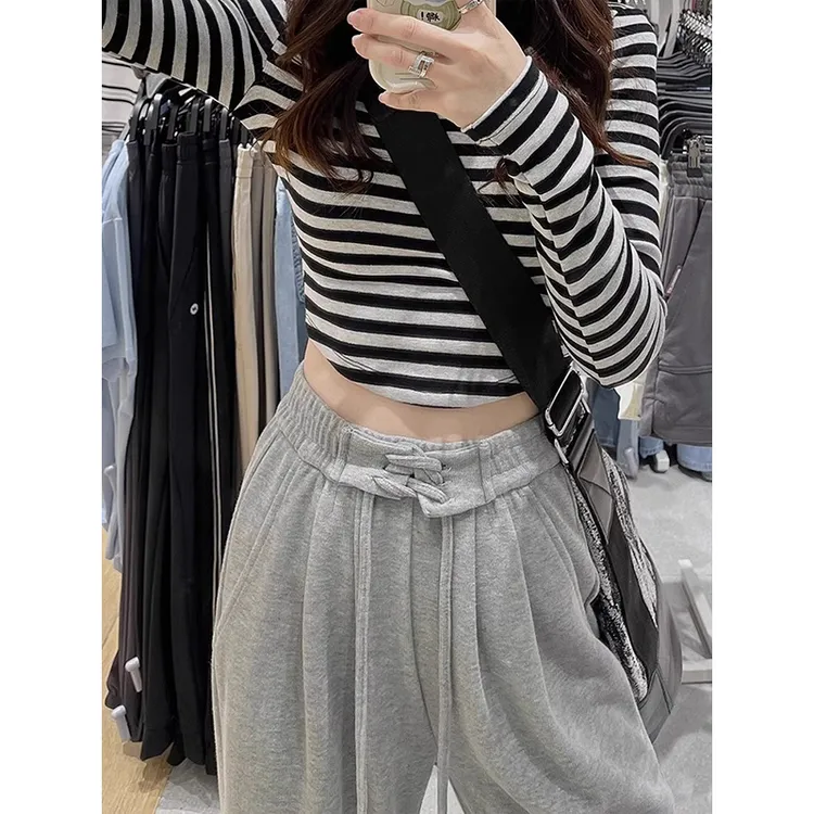 设计感高腰抽绳休闲裤女早春宽松垂感运动裤微胖大码腿粗显瘦卫裤