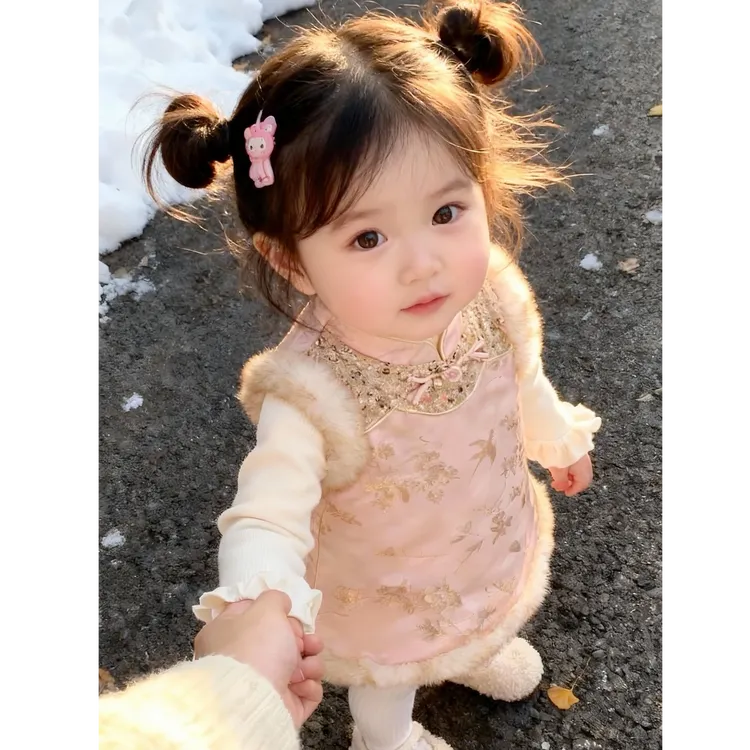 女童国风加绒连衣裙背心裙2026新款冬装周岁礼服小童女宝宝拜年服