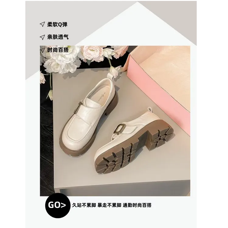 2025新款厚底乐福鞋女粗跟圆头单鞋魔术贴防水台时尚小皮鞋软底