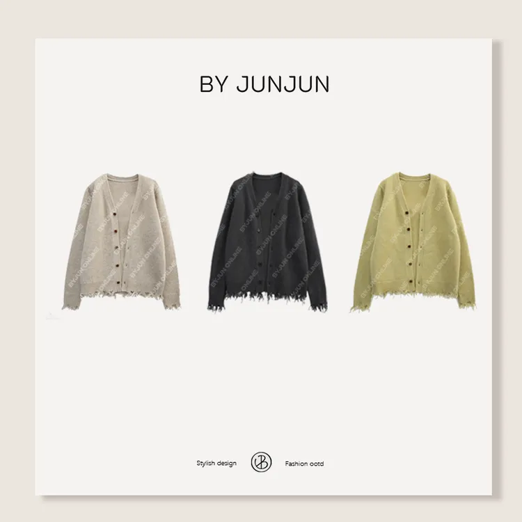 BYJUNJUN【海藻开衫】V领不规则破边开衫秋冬百搭宽松外套