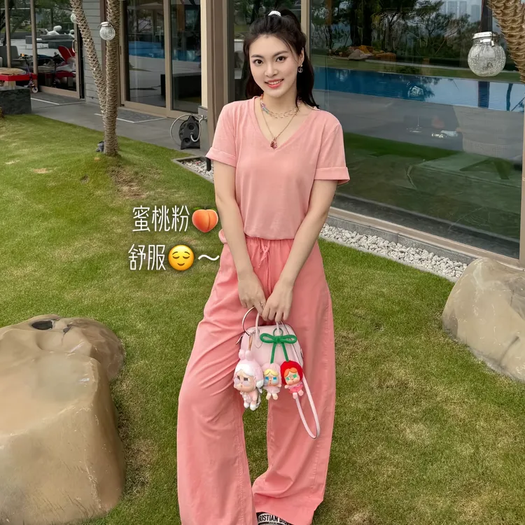 PM王囡囡 黄/阳光玫瑰绿/蜜桃粉/蓝色V领翻袖短袖T恤 ND1B1159