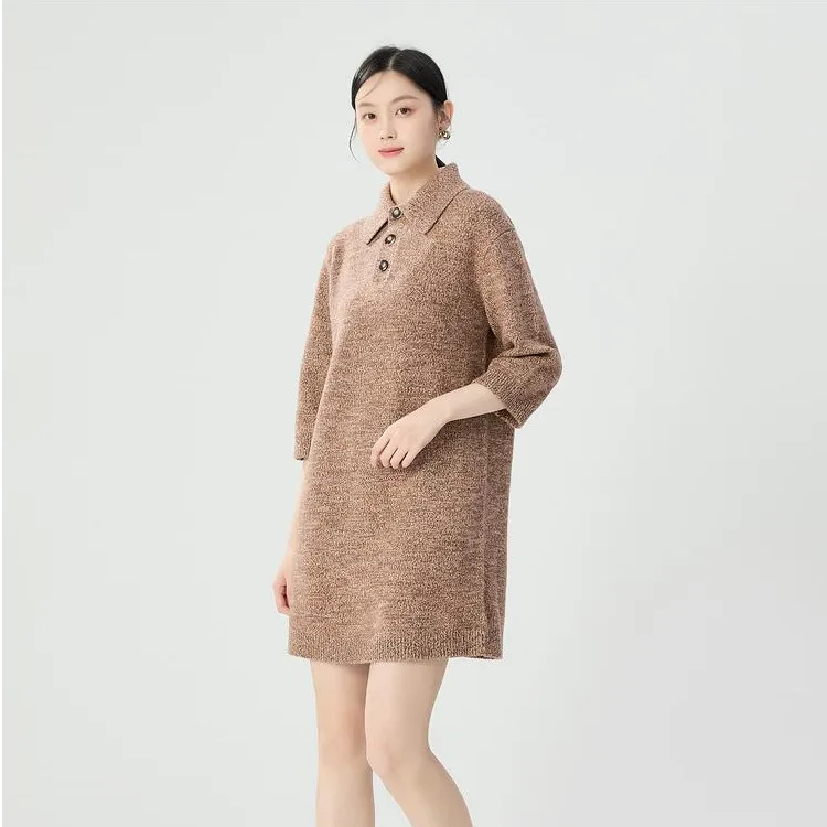 哥弟裙子秋冬款时尚翻领宽松中袖棕色廓形羊毛针织连衣裙1599030