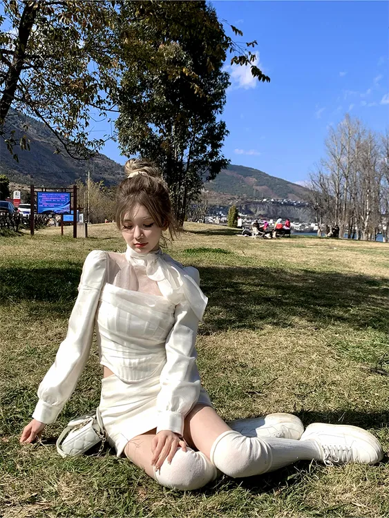 韩剧女主 纯欲风辣妹飘带显瘦鱼骨网纱长袖上衣性感包臀半裙套装