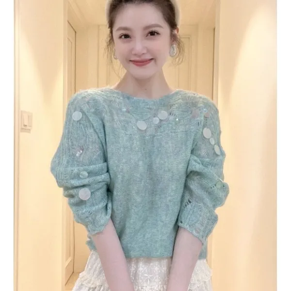 早秋韩系氛围感穿搭绿色镂空亮片马海毛毛衣女秋冬慵懒针织衫上衣