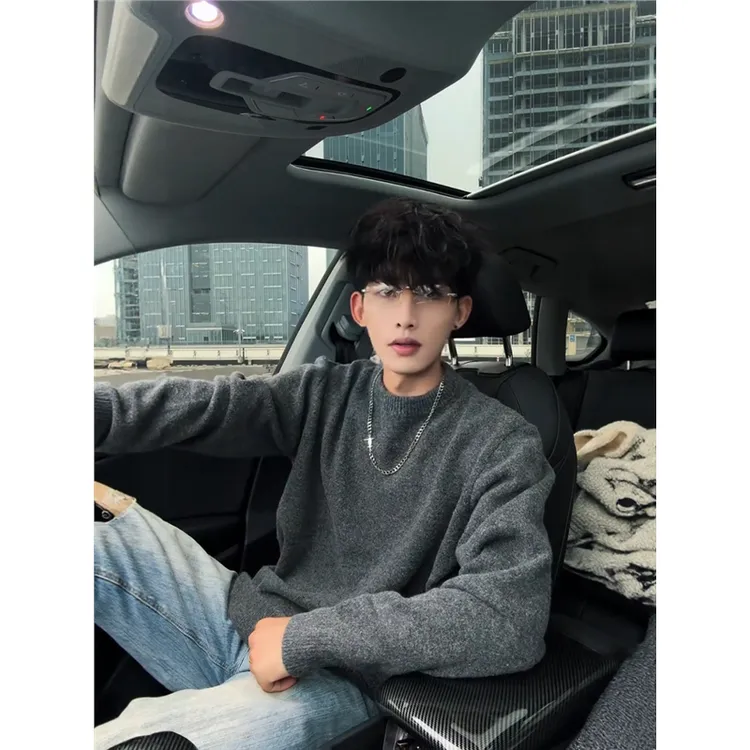 人夫感深灰色圆领毛衣男秋冬高级感痞帅内搭打底衫美式复古针织衫