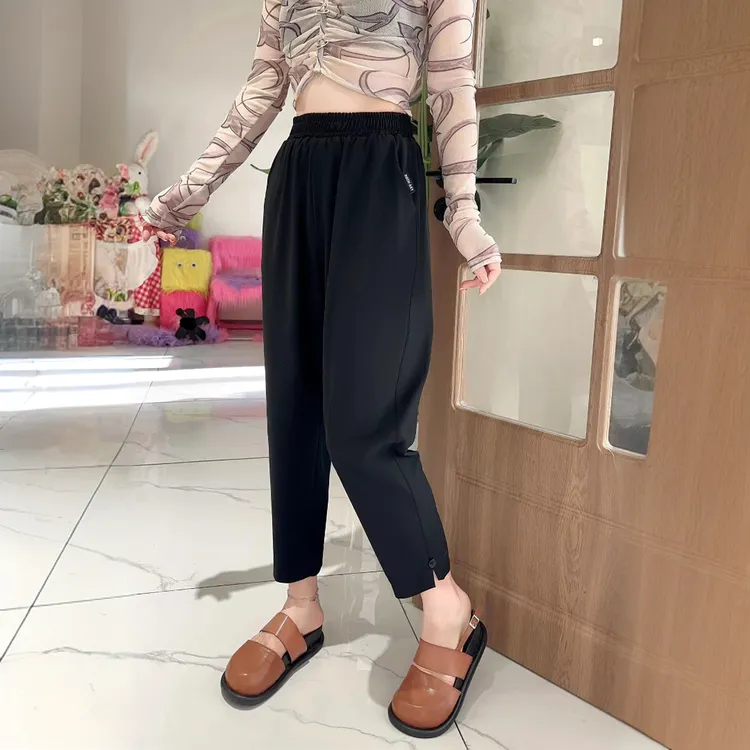 鲸鱼大码# 夏季薄款高腰垂感速干萝卜裤宽松九分哈伦裤弹力休闲裤