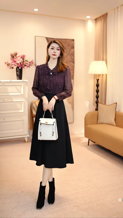 气质轻奢长袖中长裙V领长裙连衣裙显瘦收腰春秋季裙子 86151