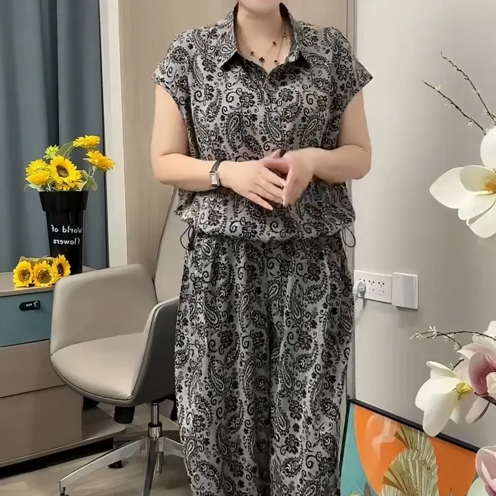 中年妈妈复古洋气碎花两件套夏季新款高级宽松气质收腰薄款裤套装