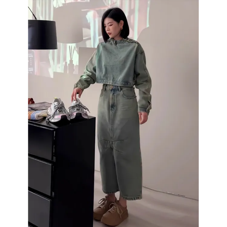 美式复古牛仔套装女秋冬新款辣妹个性炸街长袖上衣+半身裙两件套
