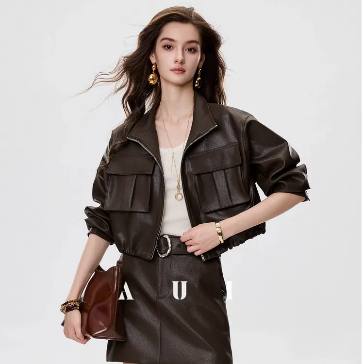 aui棕色皮衣短外套女秋季新款高腰a字半身裙两件套装裙25W100323N