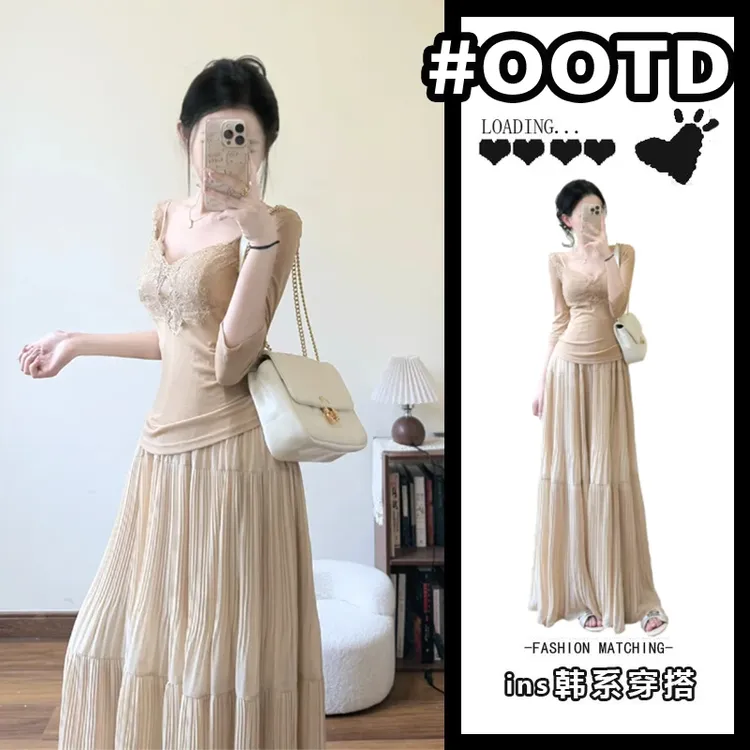 2025超火纯欲风穿搭收腰显瘦长袖T恤高腰垂感百搭半身裙两件套女