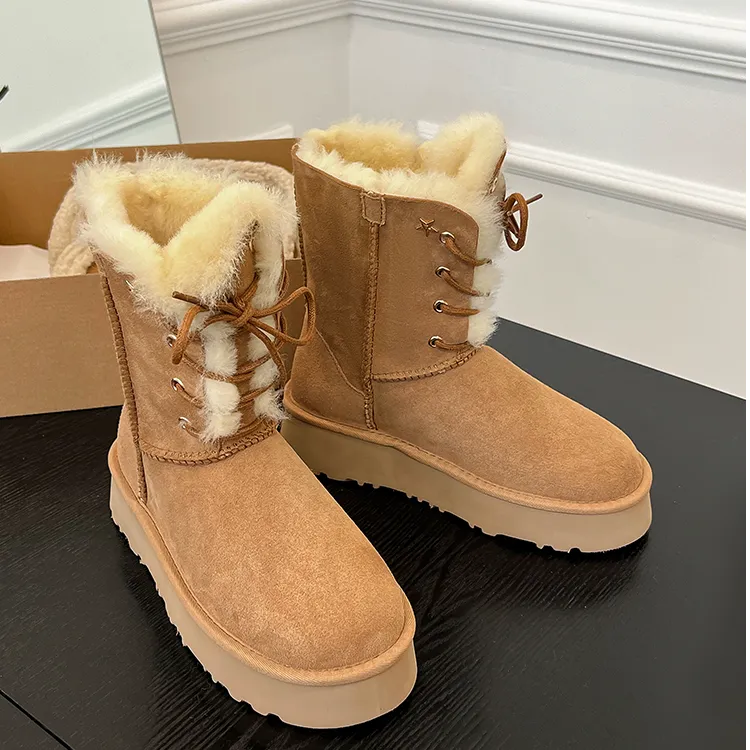 厚底女神2025秋冬新款雪地靴中筒加厚皮毛一体保暖系带鞋靴棉鞋子
