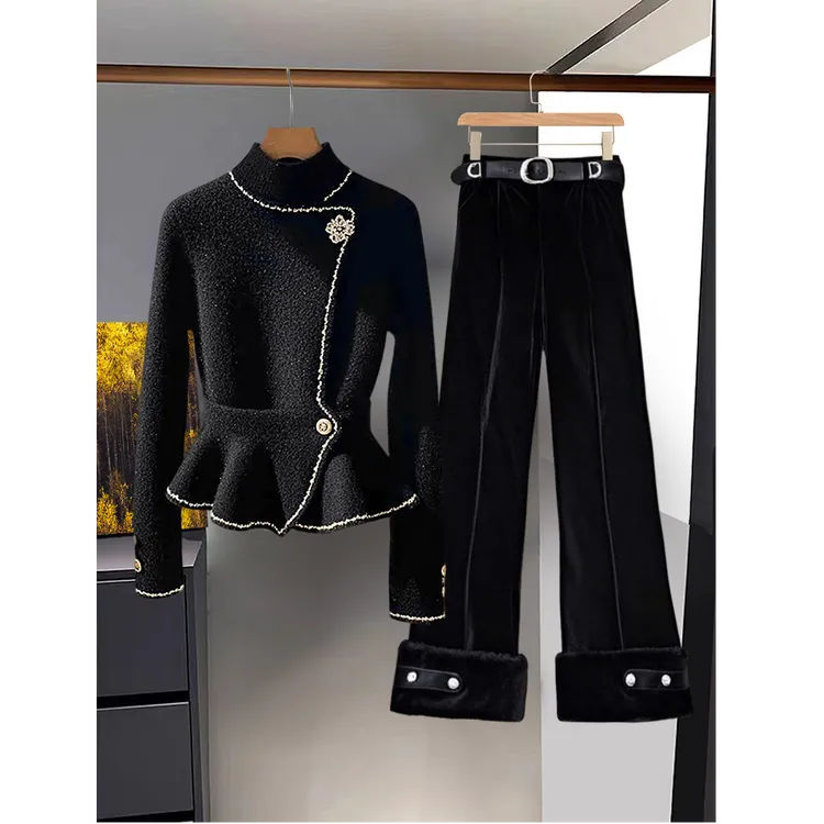 2024新款冬季时尚百搭毛衣黑色气质法式洋气上衣搭长裤气质两件套