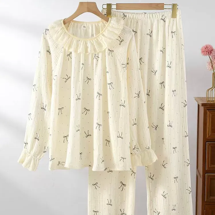 蕾丝领长袖睡衣女士新款超轻柔宝宝棉纱家居服甜美碎花设计两件套