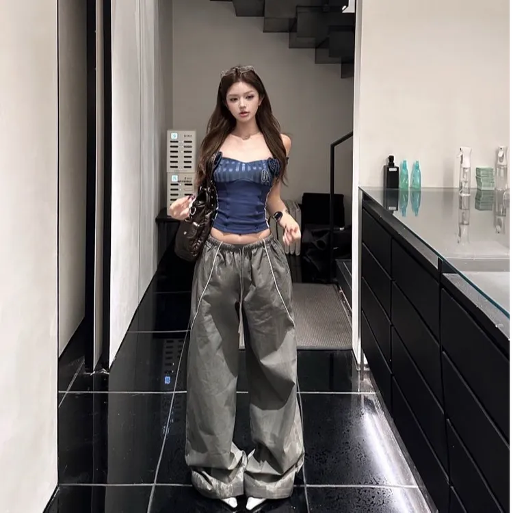 美式辣妹立体花朵一字肩短袖t恤女夏季修身性感短款上衣阔腿裤子