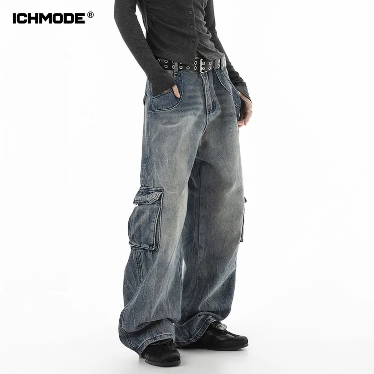ICH MODE美式复古水洗牛仔裤女工装裤子