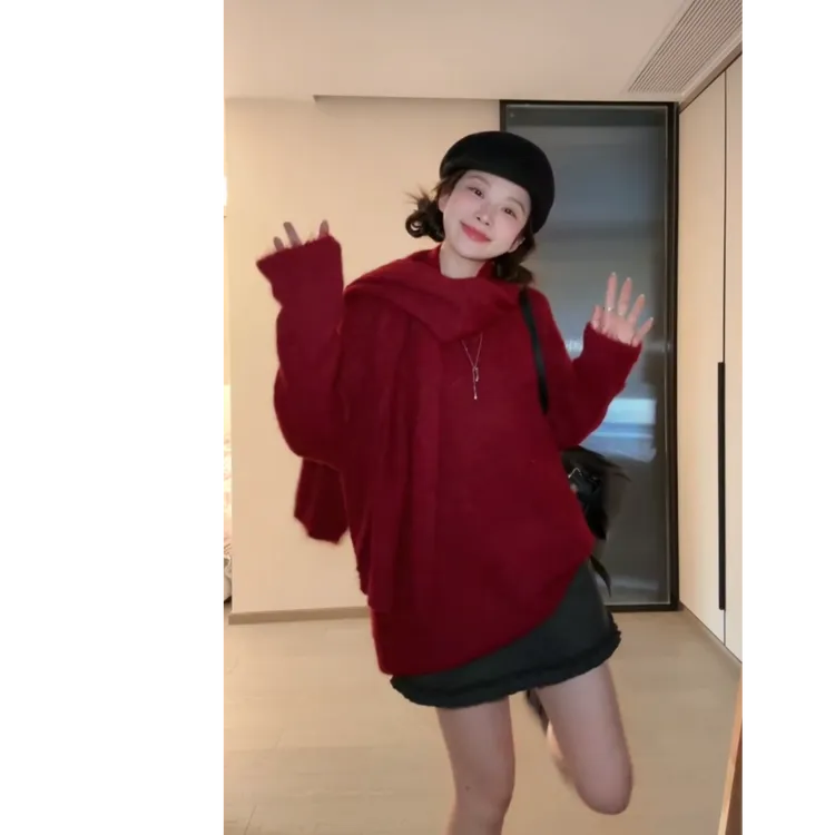 2025早春时尚新款韩系新年复古红针织V领毛衣显瘦百搭小众裙子女