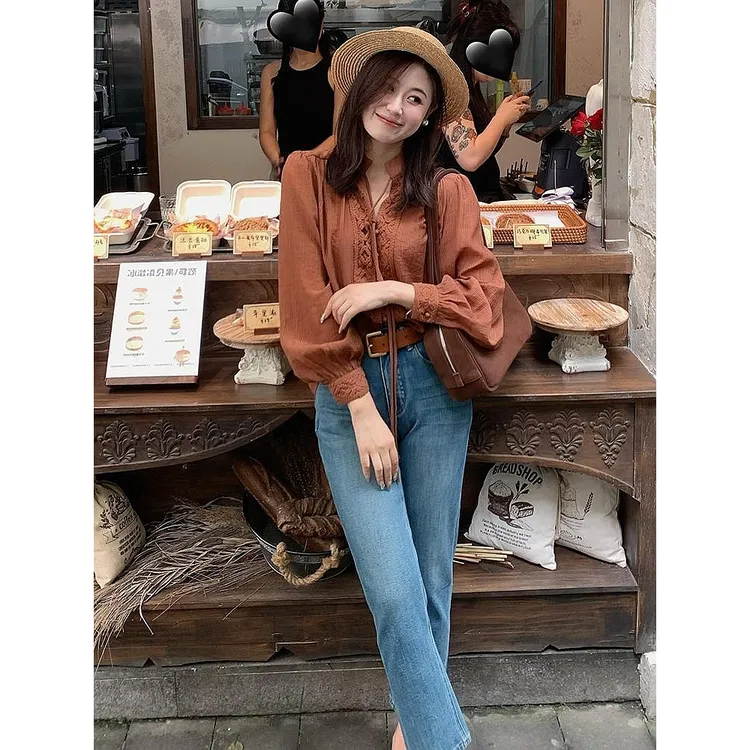 女装套装轻奢高级感法式两件套小众上衣咖色蕾丝边长袖衬衫女2025