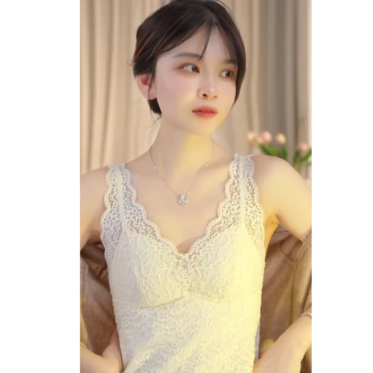 万络媞12595秋冬磨毛宽肩带长款蕾丝背心美背纯欲百搭吊带内衣