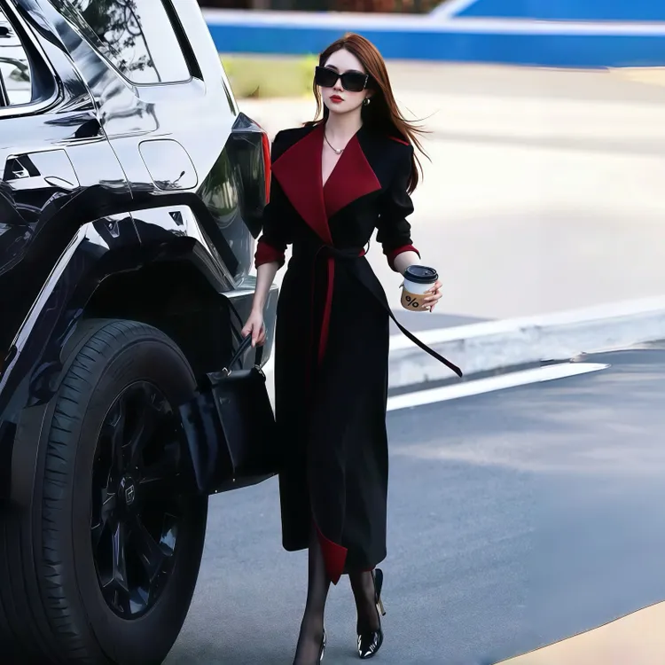 双面穿撞色风衣黑红色撞色风衣宽松型中长款厚款过膝冬季风衣外套