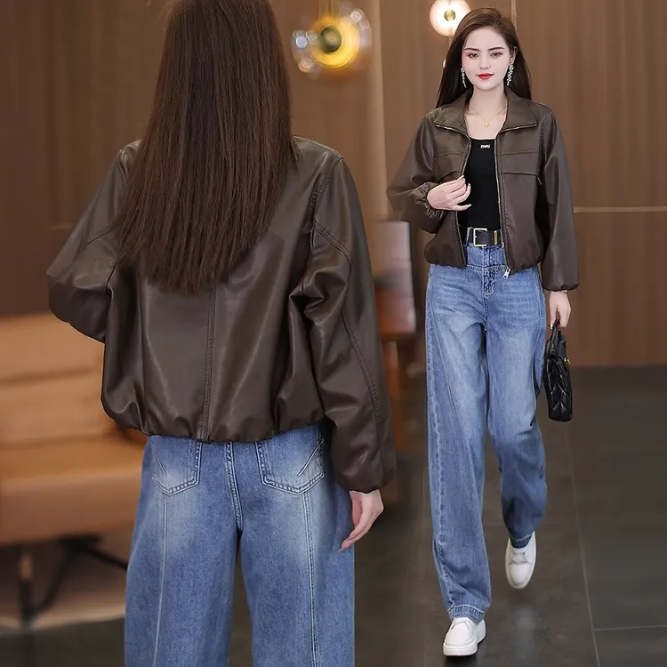 拉夏贝尔时尚皮衣外套2025年秋款减龄显瘦百搭立领短款皮夹克