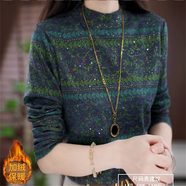 2025新款 宽松 设计感 气质 加绒打底衫百搭时尚显瘦复古印花圆领