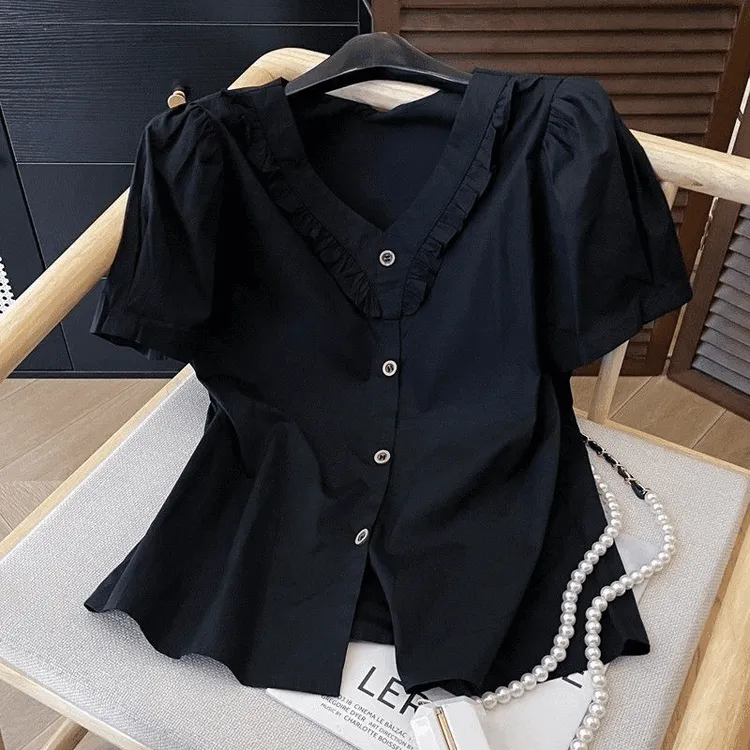 短款显瘦小众别致独特绝美小衫上衣2025黑色百搭V领短袖衬衫女
