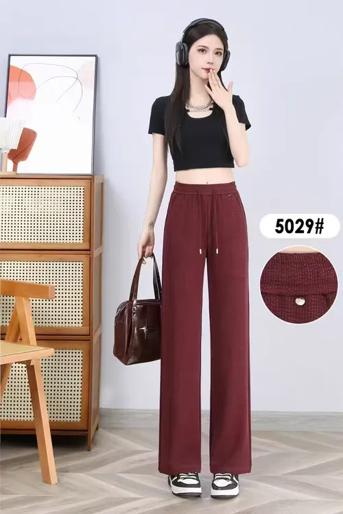 新款5029夏季时尚松紧系带高腰直筒休闲裤新款女潮流砂洗直筒裤