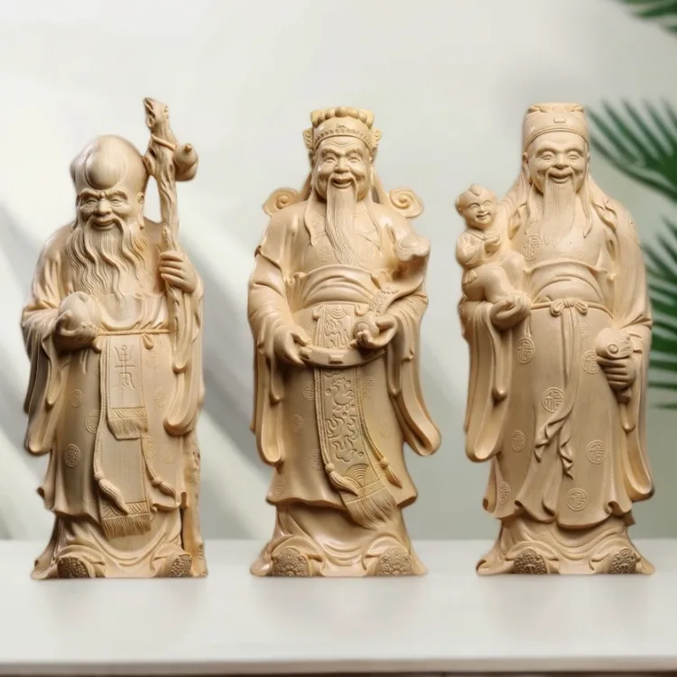 桧木雕刻福禄寿三星摆件实木家居客厅装饰工艺品老人生日祝寿礼品