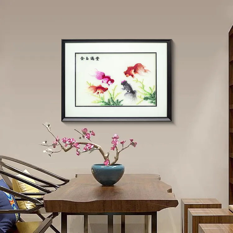 新中式刺绣餐厅画入户玄关装饰画客厅过道画高档简约苏绣锦鲤6080