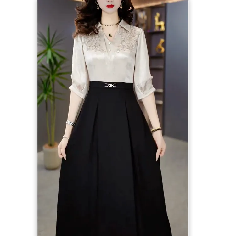 女装气质名媛轻奢假两件连衣裙2025早秋新款收腰减龄中长款裙子