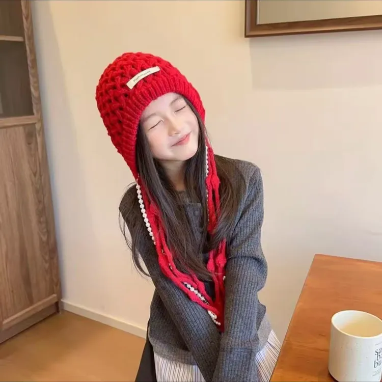 2025新款春秋钩花套头帽镂空针织帽儿童帽子民族风流苏包头帽女童