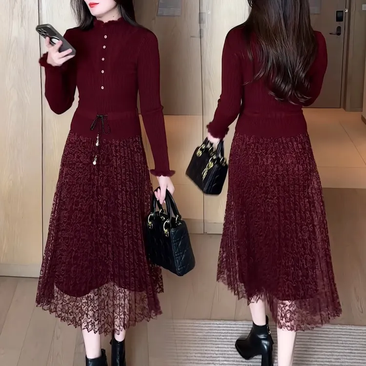 时尚假两件针织连衣裙女2025秋冬新款洋气中长款小众气质打底裙子