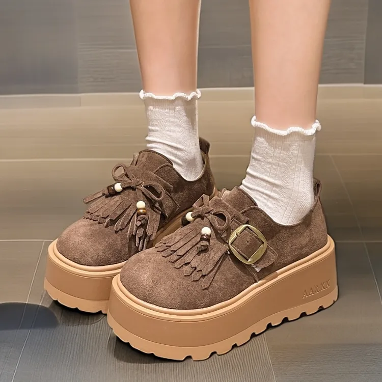 百搭春秋流苏纯色乐福鞋厚底增高时尚复古英伦风圆头粗跟勃肯单鞋