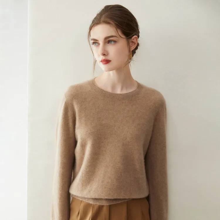 暖华【100%山羊绒】女平面圆领百搭针织套头长袖宽松打底羊绒衫毛衣