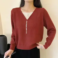 【棉线上衣】棉线圆领套头假两件长袖针织衫女士百搭韩版时尚上衣