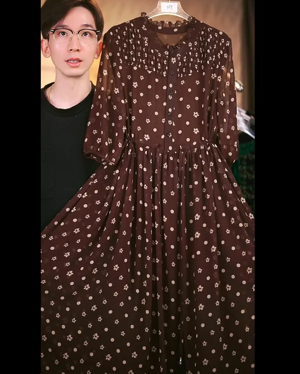 C68咖色波点碎花XW1宽松连衣裙女装连衣裙显瘦长款