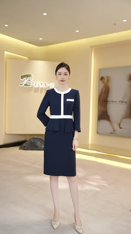 钟老板 藏青色连衣裙女2025早秋新款高级感气质时尚职场修身裙子